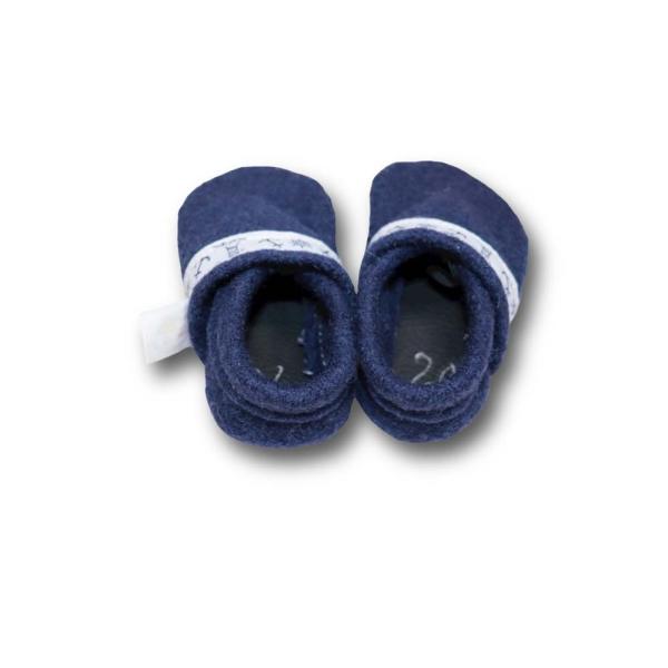 Walkloden-Puschen blau mit Webband Anker